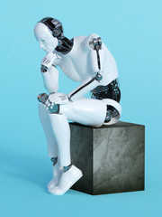 Robot man in thinking pose. - obrazy, fototapety, plakaty