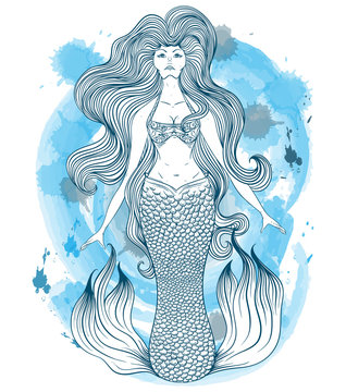 Mermaid with beautiful hair. Tattoo art. Retro banner, invitation,card, scrap booking. t-shirt, bag, postcard, poster. Vintage highly detailed hand drawn vector illustration on watercolor background