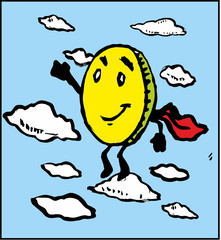 cartoon coin flies like a superhero as a symbol of financial breakthrough and success