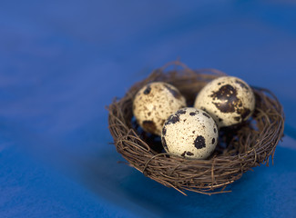 Easter eggs composition in blue tones with bow and nest