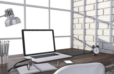 3D illustration laptop and work stuff on table near brick wall, Workspace