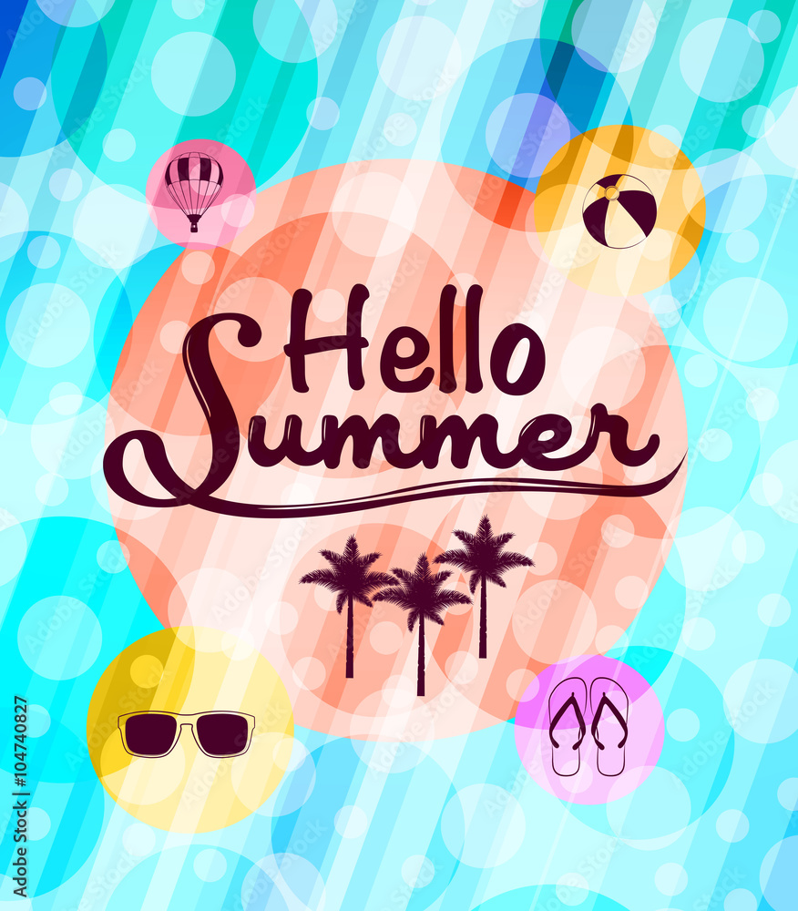 Aufkleber hello summer with summer icons in a beautiful abstract circle patterned background