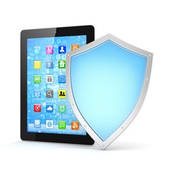 Tablet PC and shield on white device security concept