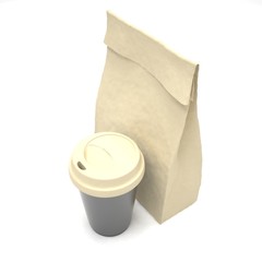 Coffee to go and lunch bag, on white.