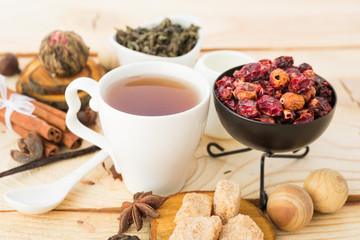 Tea cups with teapot on old wooden table