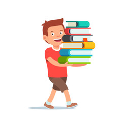 Boy walking with big pile of books in his hands