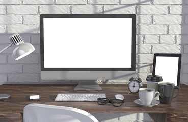 Fototapeta premium 3D illustration PC screen on table in office, Workspace