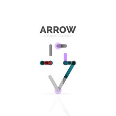 Fototapeta premium Linear arrow abstract logo, connected multicolored segments of lines in directional pointer figure