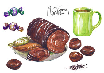 Watercolor colorful cake with caramel sauce latte or tea. breakfast.