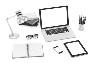 Responsive mockup screens. Laptop, tablet, phone on table 