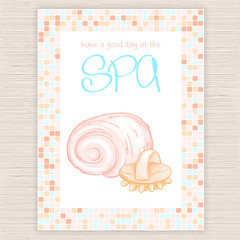 vector illustration of spa party invitation with colorful mosaic frame with towel and massage brush