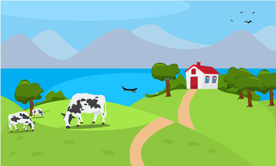 Obraz na płótnie Canvas Vector illustration a house and cow in beautiful summer nature
