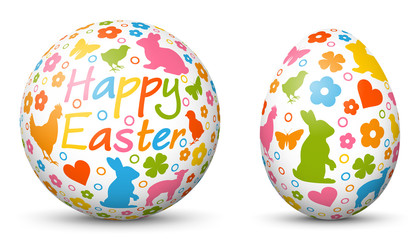 3D Vector Kugel und Ei - Sphäre und Oval isoliert auf reinem Weiß - Frohe Ostern - farbige, bunte Ostersymbole - Ostergrüße. Weißer Hintergrund - Freigestellt mit Schatten. Happy Easter Egg.