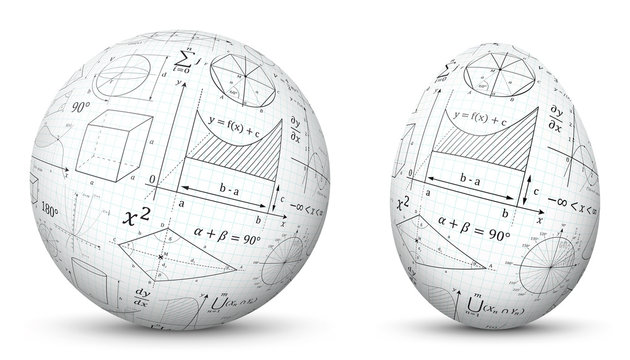 3D Vector Kugel und Ei - Sphäre und Oval isoliert auf reinem Weiß - Weißer Hintergrund - Mathematische Formeln - Mathematik Formelsammlung Textur. Freigestellt mit Schatten.