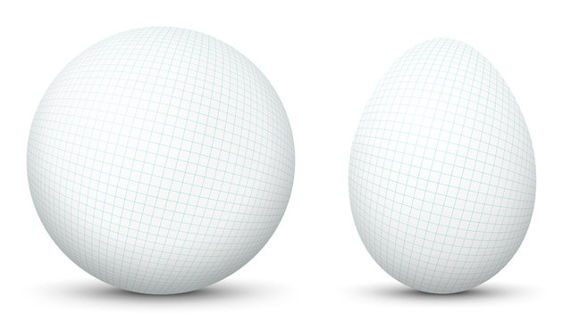 3D Vector Kugel und Ei - Sphäre und Oval isoliert auf reinem Weiß. Kariertes Papier, Karomuster Textur Vorlage. Weißer Hintergrund - Freigestellt mit Schatten.