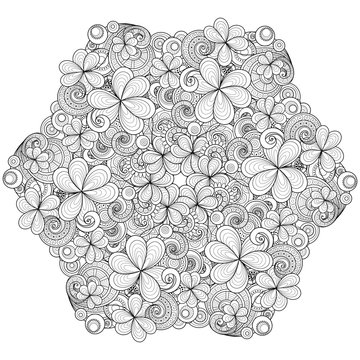 Vector Monochrome Hand Drawn Wreath with Decorative Clover and C