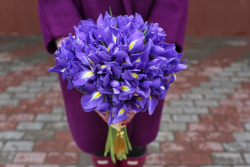 Bouquet of irises in the girl's hands