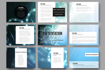 Set of 9 vector templates for presentation slides. DNA molecule structure on a blue background. 