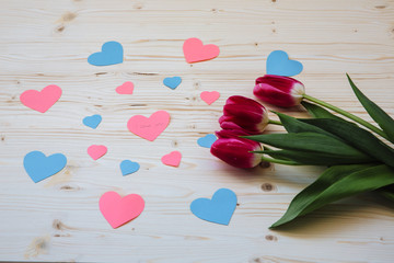 Bouquet of the tulips on wooden background with pink and blue he
