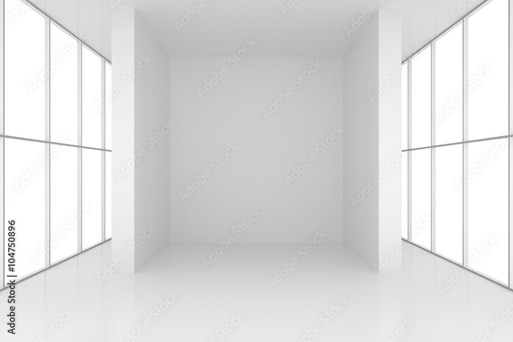 Poster room with windows and white columns. 3d render