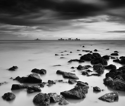 Fototapeta Black And White,Long Exposure At Beach.Slightly Noise And Soft Focus.