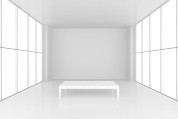 pedestal in white room with windows. 3d render