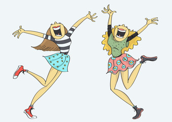 Funny cartoon of two wacky, cute, stylish girls jumping and laughing with joy.