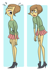 Funny cartoon of sad, unhappy, depressed woman crying, two different poses.