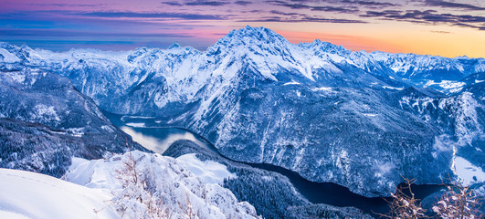 Königssee and Watzmann winter panorama at sunset from Jenner summit, Bavaria, Germany