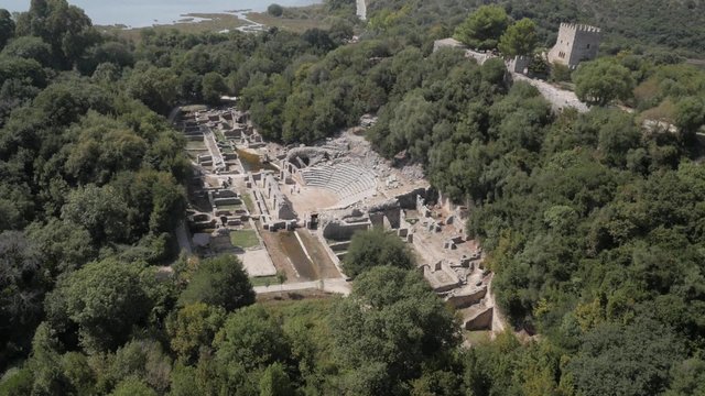 Aerial view of remnants of roman amphitheater and church in Albania.
