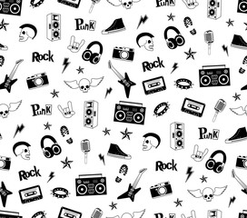 Seamless pattern. Punk rock music isolated on white background. Doodle design elements, emblems, badges, logo and icons. 