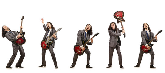Funny guitar player isolated on white