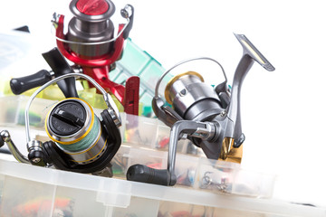 fishing tackles and baits in box