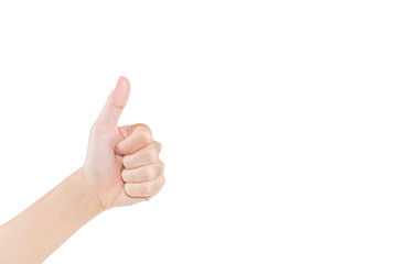 Hand gesturing thumb a lift on white background