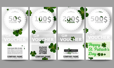 Set of modern gift voucher templates. St Patricks day vector background, green clovers on white