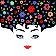 Vector illustration of a woman with colorful floral pattern on her hair