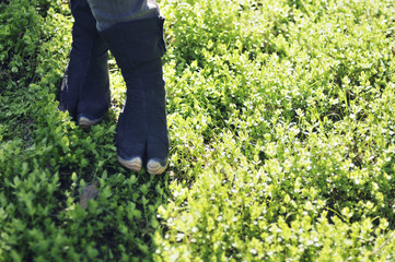 Ninja boots close on grass background