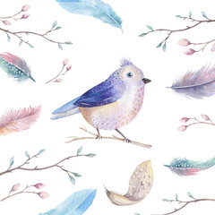 Hand drawing watercolor flying cartoon bird witm leaves, branche