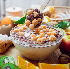 Beautiful breakfast. Milk,fruits, bread