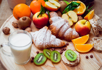 Beautiful breakfast. Milk,fruits, bread