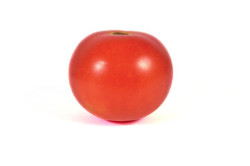Single red tomato macro or close up isolated on white background