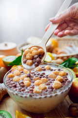 Beautiful breakfast. Milk,fruits, bread