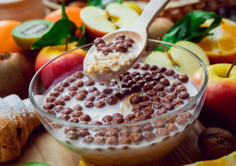 Beautiful breakfast. Milk,fruits, bread