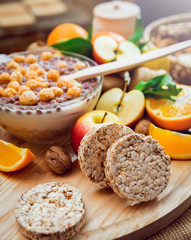 Beautiful breakfast. Milk,fruits, bread