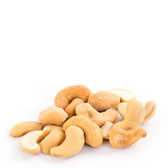 Cashew or Indian Nuts Roasted and Salted over white background, natural, square frame with shallow focus