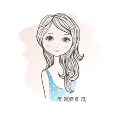 Sketch drawing of cute dreaming girl