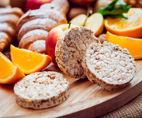Beautiful breakfast. Milk, bread and croissant.