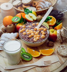 Beautiful breakfast. Milk,fruits, bread