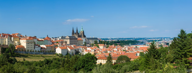 Fototapeta na wymiar Prague panorama with blue sky, castle, cathedral, ancient buildings, fields, meadows, river and trees