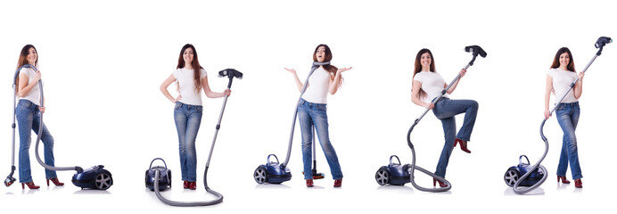 Collage of woman cleaning with vacuum cleaner